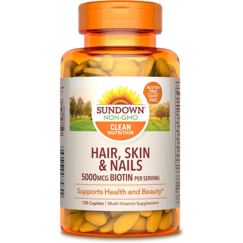 Sundown Hair, Skin and Nails, біотин 5000 мкг, 17 основних поживних речовин для підтримки здоров’я та краси, 120 капсул Sundown Hair, Skin and Nails, біотин 5000 мкг, 17 основних поживних речовин для підтримки здоров’я та краси, 120 капсул