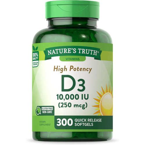 Nature's Truth Вітамін D3 10000 МО м'яких капсул | 300 граф | Додаткова сила | Добавка без ГМО та глютену Nature's Truth Вітамін D3 10000 МО м'яких капсул | 300 граф | Додаткова сила | Добавка без ГМО та глютену