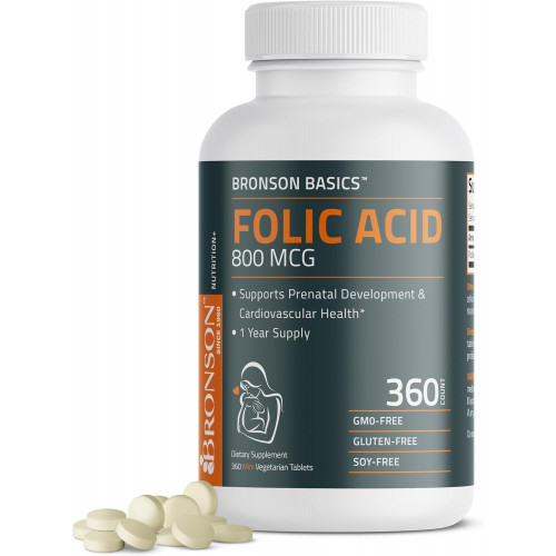 Bronson Folic Acid 800 MCG підтримує внутрішньоутробний розвиток, 1 рік, без ГМО, 360 таблеток Bronson Folic Acid 800 MCG підтримує внутрішньоутробний розвиток, 1 рік, без ГМО, 360 таблеток