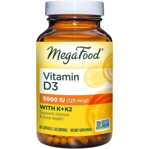MegaFood Вітамін D3 5000 МО (125 мкг) - Вегетаріанська добавка вітаміну D з вітаміном D3 K2, підтримує кістки, зуби, м'язи та здоров'я імунітету, сертифікований без ГМО - 60 міні-капсул, 60 порцій MegaFood Вітамін D3 5000 МО (125 мкг) - Вегетаріанська добавка вітаміну D з вітаміном D3 K2, підтримує кістки, зуби, м'язи та здоров'я імунітету, сертифікований без ГМО - 60 міні-капсул, 60 порцій