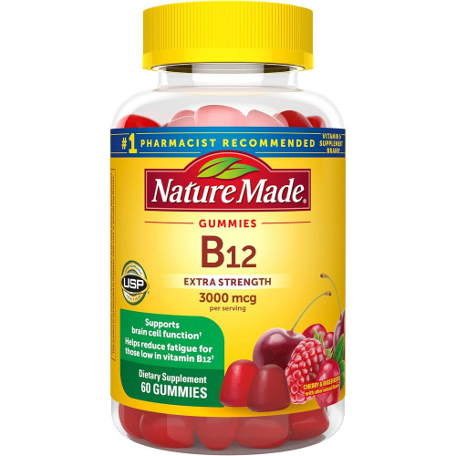 Nature Made Extra Strength Vitamin B12 Gummies, 3000 мкг на порцію, B12 вітамінна добавка для підтримки енергетичного метаболізму, 60 Gummy Vitamins, 30-денний запас