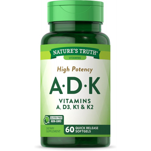 Nature's Truth Vitamin A D K Supplement | 60 капсул | Висока ефективність вітамінів A, D3, K1 і K2 | Без ГМО та глютену