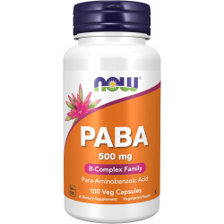 NOW Supplements, PABA (пара-амінобензойна кислота) 500 мг, B-Complex Family, 100 капсул