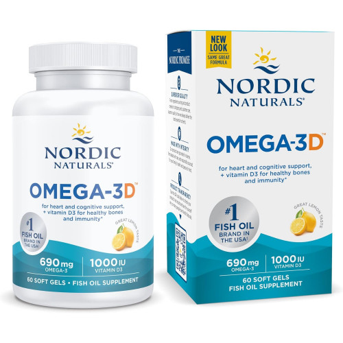Nordic Naturals Omega-3D, зі смаком лимона - 60 М'які гелі - 690 мг Омега-3 + 1000 МО Вітамін D3 - Риб'ячий жир - EPA та DHA - Підтримка імунітету, здоров'я мозку та серця, здорові кістки - Без ГМО - 30 Nordic Naturals Omega-3D, зі смаком лимона - 60 М'які гелі - 690 мг Омега-3 + 1000 МО Вітамін D3 - Риб'ячий жир - EPA та DHA - Підтримка імунітету, здоров'я мозку та серця, здорові кістки - Без ГМО - 30