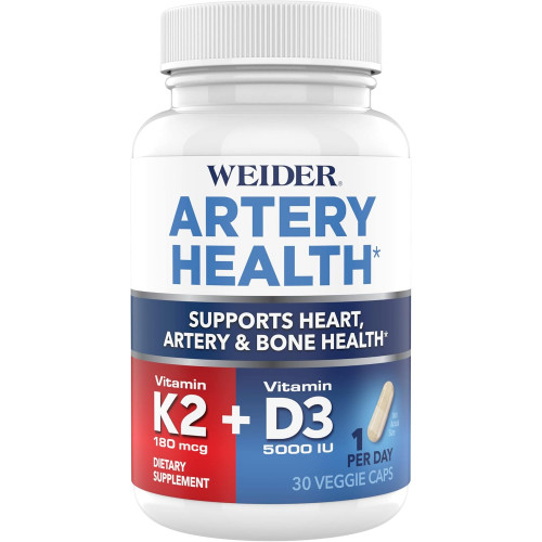 Weider Artery Health для підтримки серця, імунітету та кісток з вітаміном K2 (180 мкг) і вітаміном D3 (5000 МО), 30 овочевих капсул Weider Artery Health для підтримки серця, імунітету та кісток з вітаміном K2 (180 мкг) і вітаміном D3 (5000 МО), 30 овочевих капсул