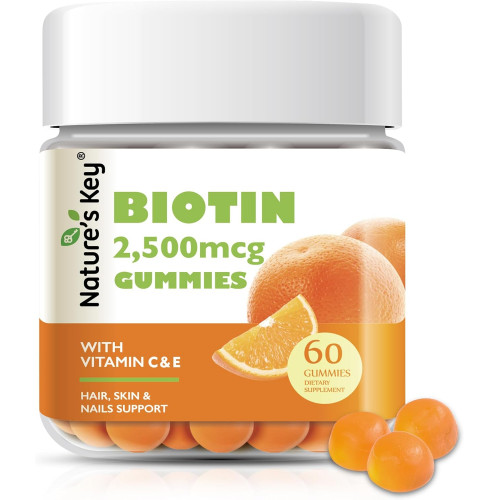Nature's Key Biotin Gummies з вітамінами C і E, сприяють росту волосся, нігтів і красивій шкірі для жінок, чоловіків і дітей, веганські, зі смаком апельсина, 60 шт.
