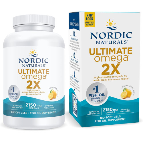 Nordic Naturals Ultimate Omega 2X, зі смаком лимона - 180 м'яких гелів - 2150 мг Омега-3 - Високопотенційний риб'ячий жир Омега-3 з EPA та DHA - Сприяє здоров'ю мозку та серця - Без ГМО - 90 порцій Nordic Naturals Ultimate Omega 2X, зі смаком лимона - 180 м'яких гелів - 2150 мг Омега-3 - Високопотенційний риб'ячий жир Омега-3 з EPA та DHA - Сприяє здоров'ю мозку та серця - Без ГМО - 90 порцій