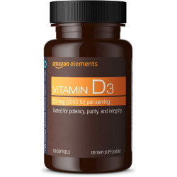 Вітамін D3 Amazon Elements, 2000 МО, 180 м’яких капсул, 6 місяців (упаковка може відрізнятися), підтримує міцність кісток та здоров’я імунітету