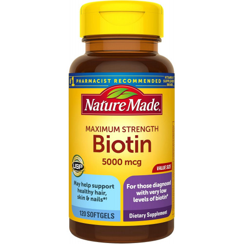 Дієтична добавка Nature Made Maximum Strength Biotin 5000 мкг може допомогти підтримувати здоров’я волосся, шкіри та нігтів, 120 м’яких капсул Дієтична добавка Nature Made Maximum Strength Biotin 5000 мкг може допомогти підтримувати здоров’я волосся, шкіри та нігтів, 120 м’яких капсул