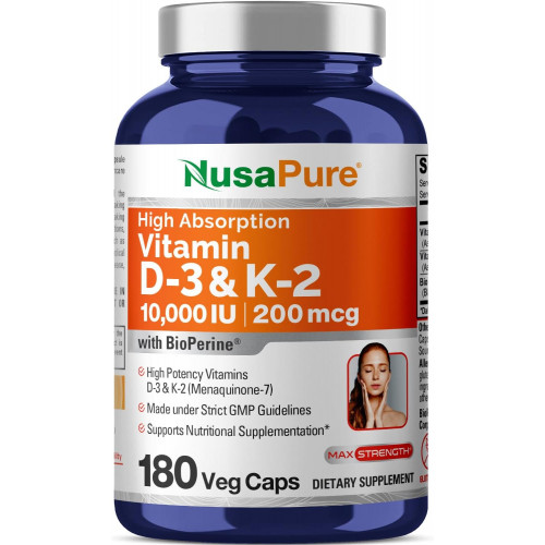Nusapure вітамін К2 (MK7) (200 мкг) + вітамін D3 (10000 МО) 180 овочів - біоперін, без ГМО Nusapure вітамін К2 (MK7) (200 мкг) + вітамін D3 (10000 МО) 180 овочів - біоперін, без ГМО