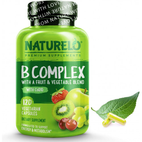 Комплекс вітамінів B NATURELO з метил B12, метилфолатом, вітаміном B6, біотином плюс холін, коензим Q10 і сумішшю фруктів і овочів - Підтримує енергію та здорову реакцію на стрес - Веганський - 120 капсул