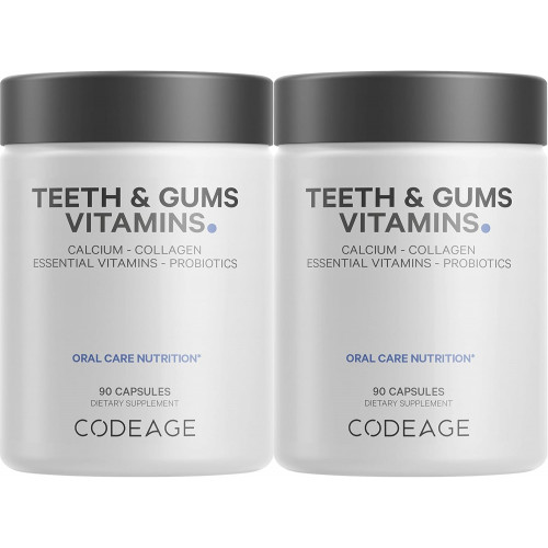 Codeage Teeth & Gums Вітаміни + пероральні пробіотики для порожнини рота - Цільнохарчовий кальцій, колаген, калій, вітамін С, D3, K2, цинк – Полівітамінні добавки для догляду за ротовою порожниною та зубами - 2 упаковки Codeage Teeth & Gums Вітаміни + пероральні пробіотики для порожнини рота - Цільнохарчовий кальцій, колаген, калій, вітамін С, D3, K2, цинк – Полівітамінні добавки для догляду за ротовою порожниною та зубами - 2 упаковки