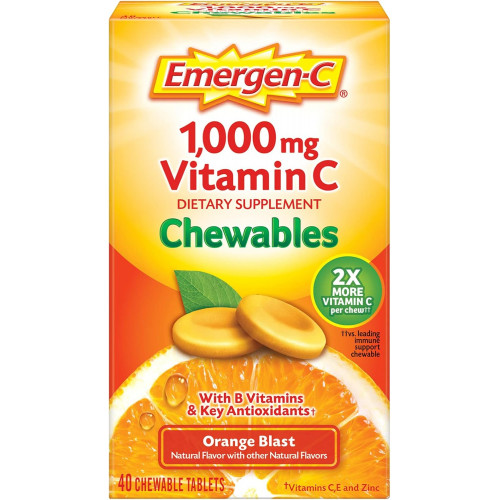 Emergen-C жувальний вітамін С 1000 мг, таблетка з вітамінами групи В та антиоксидантами (40 штук, зі смаком апельсина), дієтична добавка