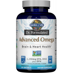Garden of Life Dr. Formulated Advanced Omega Fish Oil - Lemon, 1290 мг EPA, DHA + DPA у формі тригліцеридів, добавка омега 3 з одного джерела для здоров’я мозку та серця, без ГМО, 180 м’яких капсул