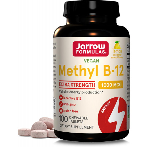 Jarrow Formulas Extra Strength Methyl B-12 1000 мкг, дієтична добавка для виробництва клітинної енергії та підтримки здоров’я мозку, 100 жувальних таблеток зі смаком лимона, запас на 100 днів Jarrow Formulas Extra Strength Methyl B-12 1000 мкг, дієтична добавка для виробництва клітинної енергії та підтримки здоров’я мозку, 100 жувальних таблеток зі смаком лимона, запас на 100 днів