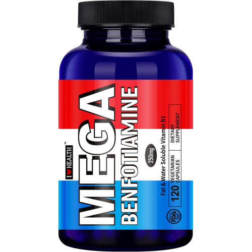 I Love Health Mega Benfotiamine, 250 мг, жиророзчинна форма тіаміну, ультрабіодоступний вітамін B1, висока ефективність, без глютену, без ГМО, вегетаріанські 120 капсул I Love Health Mega Benfotiamine, 250 мг, жиророзчинна форма тіаміну, ультрабіодоступний вітамін B1, висока ефективність, без глютену, без ГМО, вегетаріанські 120 капсул