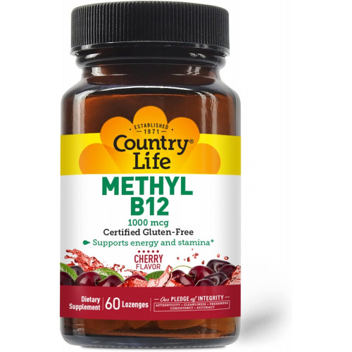 Country Life Methyl B12, підтримує енергію та витривалість, 1000 мкг, 60 таблеток, сертифікований без глютену, сертифікований веганський продукт