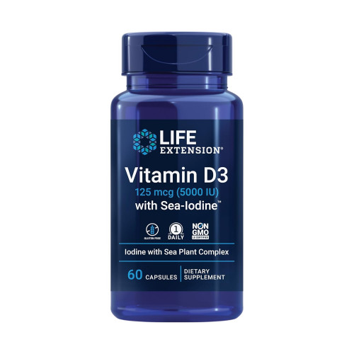 Вітамін D3 Life Extension 125 мкг (5000 МО) з морським йодом для підтримки кісток, мозку та щитовидної залози – без глютену, один раз на день, без ГМО – 60 капсул Вітамін D3 Life Extension 125 мкг (5000 МО) з морським йодом для підтримки кісток, мозку та щитовидної залози – без глютену, один раз на день, без ГМО – 60 капсул