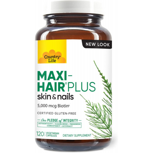 Country Life, Maxi-Hair Plus Biotin, підтримує здоров'я волосся, шкіри та нігтів, щоденна добавка, 120 ct Country Life, Maxi-Hair Plus Biotin, підтримує здоров'я волосся, шкіри та нігтів, щоденна добавка, 120 ct