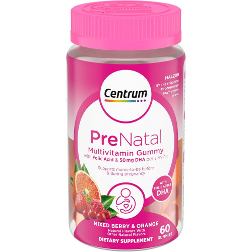 Жувальні цукерки Centrum Prenatal Multivitamin Gummies з DHA та фолієвою кислотою, змішаними смаками ягід і апельсина - 60 штук, 30-денний запас Жувальні цукерки Centrum Prenatal Multivitamin Gummies з DHA та фолієвою кислотою, змішаними смаками ягід і апельсина - 60 штук, 30-денний запас