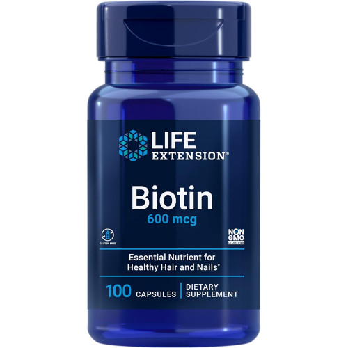 Life Extension Біотин 600 мкг Вітамін B7 Підтримуюча добавка для красивого волосся, нігтів і не тільки – без глютену, без ГМО – 100 капсул Life Extension Біотин 600 мкг Вітамін B7 Підтримуюча добавка для красивого волосся, нігтів і не тільки – без глютену, без ГМО – 100 капсул