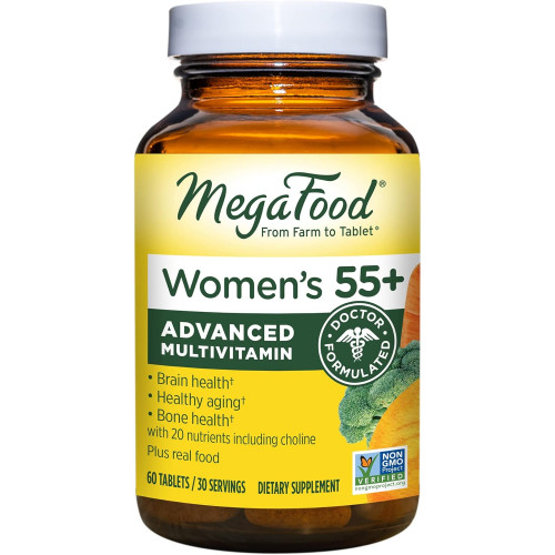 MegaFood Women's 55+ Advanced Multivitamin for Women - Лікарська рецептура з холіном, вітаміном D3, вітаміном B12, біотином - Plus Real Food - Оптимальне старіння, - Вегетаріанський - 60 таблеток (30 порцій) MegaFood Women's 55+ Advanced Multivitamin for Women - Лікарська рецептура з холіном, вітаміном D3, вітаміном B12, біотином - Plus Real Food - Оптимальне старіння, - Вегетаріанський - 60 таблеток (30 порцій)