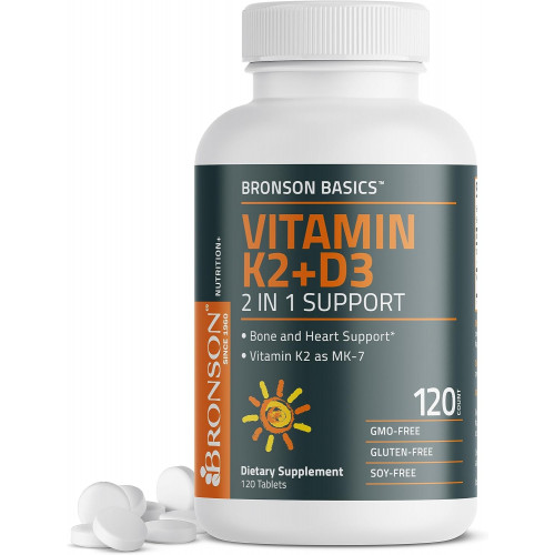 Bronson Basics Vitamin K2 D3 (MK7) Supplement Non-GMO Formula 5000IU (125 mcg) Vitamin D3 & 90 mcg Vitamin K2 MK-7 Легко проковтнути Комплекс вітамінів D і K, 120 таблеток Bronson Basics Vitamin K2 D3 (MK7) Supplement Non-GMO Formula 5000IU (125 mcg) Vitamin D3 & 90 mcg Vitamin K2 MK-7 Легко проковтнути Комплекс вітамінів D і K, 120 таблеток
