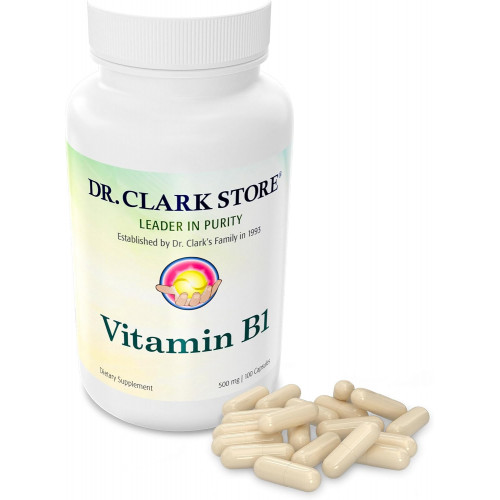 Dr. Clark Vitamin B1 Thiamine 500mg Supplement - Тіамін B1 Supplement для здорової нервової системи та енергетичного обміну, без глютену, без молочних продуктів - 100 желатинових капсул Dr. Clark Vitamin B1 Thiamine 500mg Supplement - Тіамін B1 Supplement для здорової нервової системи та енергетичного обміну, без глютену, без молочних продуктів - 100 желатинових капсул