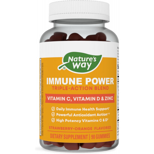 Nature's Way Immune Power, суміш для підтримки імунітету потрійної дії*, вітаміни C і D, цинк, полунично-апельсиновий смак, 90 цукерок Nature's Way Immune Power, суміш для підтримки імунітету потрійної дії*, вітаміни C і D, цинк, полунично-апельсиновий смак, 90 цукерок