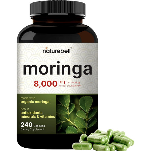 Капсули NatureBell Moringa 8000 мг на порцію, 240 капсул | 4-місячний запас, виготовлений з органічного порошку морінги | Зелений суперпродукт, здоров'я шкіри та підтримка імунітету | Без ГМО, без глютену Капсули NatureBell Moringa 8000 мг на порцію, 240 капсул | 4-місячний запас, виготовлений з органічного порошку морінги | Зелений суперпродукт, здоров'я шкіри та підтримка імунітету | Без ГМО, без глютену