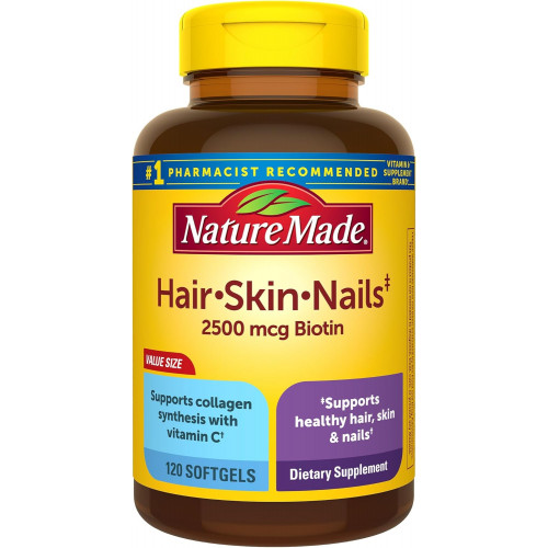 Nature Made Hair Skin and Nails with Biotin 2500 mcg, дієтична добавка для підтримки здорового волосся, шкіри та нігтів, 120 м’яких капсул, запас на 120 днів Nature Made Hair Skin and Nails with Biotin 2500 mcg, дієтична добавка для підтримки здорового волосся, шкіри та нігтів, 120 м’яких капсул, запас на 120 днів