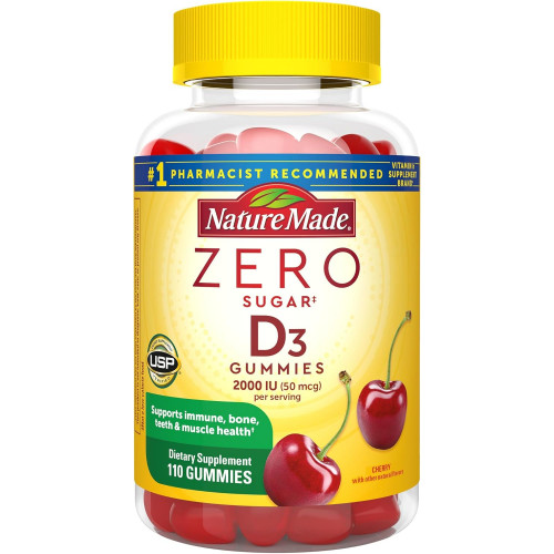 Nature Made Zero Sugar Gummies Vitamin D3 Gummies 2000 МО (50 мкг) на порцію, добавка для підтримки імунітету, кісток, зубів і м’язів, 110 Gummies без цукру вітаміну D Gummies, 55-денний запас Nature Made Zero Sugar Gummies Vitamin D3 Gummies 2000 МО (50 мкг) на порцію, добавка для підтримки імунітету, кісток, зубів і м’язів, 110 Gummies без цукру вітаміну D Gummies, 55-денний запас