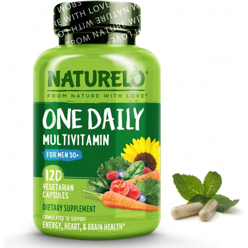 NATURELO One Daily Multivitamin для чоловіків 50+ - з вітамінами та мінералами + органічні цільні продукти - Добавка для підвищення енергії, загального здоров'я - Без ГМО - 120 капсул - 4-місячний запас NATURELO One Daily Multivitamin для чоловіків 50+ - з вітамінами та мінералами + органічні цільні продукти - Добавка для підвищення енергії, загального здоров'я - Без ГМО - 120 капсул - 4-місячний запас