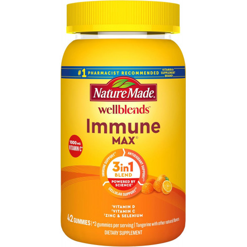 Nature Made Wellblends ImmuneMAX Gummies, Вітамін C 1000 мг + цинк, селен і вітамін D3 5000 МО, добавка для підтримки імунітету, 42 Gummies Nature Made Wellblends ImmuneMAX Gummies, Вітамін C 1000 мг + цинк, селен і вітамін D3 5000 МО, добавка для підтримки імунітету, 42 Gummies