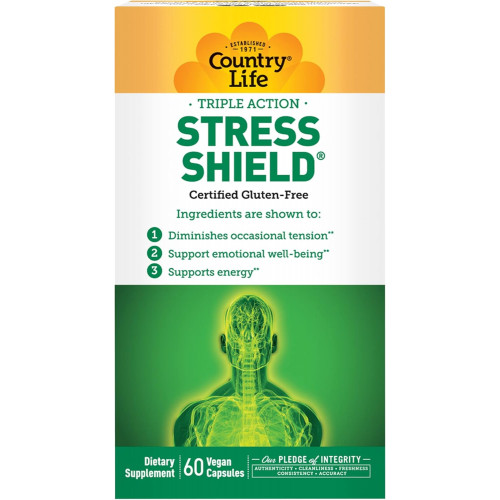 Country Life Stress Shield, потрійна дія, 60 веганських капсул, без глютену, сертифікований веган Country Life Stress Shield, потрійна дія, 60 веганських капсул, без глютену, сертифікований веган