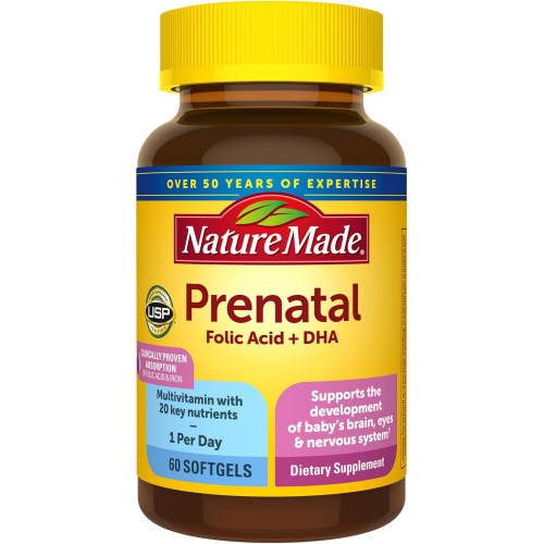 Nature Made Prenatal with Folic Acid + DHA, Prenatal Vitamin and Mineral Supplement for Daison Nutrition Support, 60 softgels, 60 day Supplement Nature Made Prenatal with Folic Acid + DHA, Prenatal Vitamin and Mineral Supplement for Daison Nutrition Support, 60 softgels, 60 day Supplement