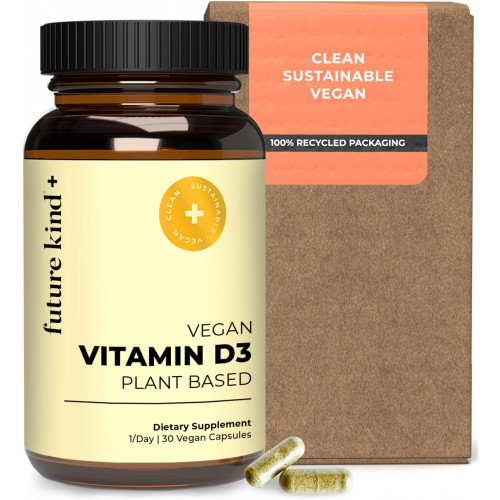 Future Kind Vegan Vitamin D3 (30 капсул у скляній пляшці) - 2500 МО Добавки вітаміну D на рослинній основі для підтримки клітин і імунітету - Добавки вітаміну D без цукру, на основі лишайників для жінок і чоловіків Future Kind Vegan Vitamin D3 (30 капсул у скляній пляшці) - 2500 МО Добавки вітаміну D на рослинній основі для підтримки клітин і імунітету - Добавки вітаміну D без цукру, на основі лишайників для жінок і чоловіків