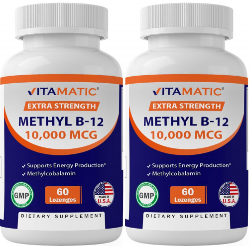 Vitamatic Methyl Vitamin B12 (Methylcobalamin) 10 000 мкг (10 мг) 60 пастилок - чудове джерело вітаміну B12 (2 упаковки) Vitamatic Methyl Vitamin B12 (Methylcobalamin) 10 000 мкг (10 мг) 60 пастилок - чудове джерело вітаміну B12 (2 упаковки)
