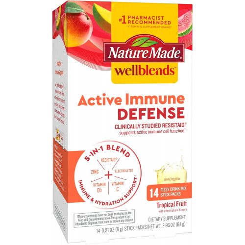 Суміш газованих напоїв Nature Made Wellblends Active Immune Defense, ResistAid, вітамін C 500 мг, вітамін D 1000 МО, порошок цинку та електролітів, 14 стіків Суміш газованих напоїв Nature Made Wellblends Active Immune Defense, ResistAid, вітамін C 500 мг, вітамін D 1000 МО, порошок цинку та електролітів, 14 стіків