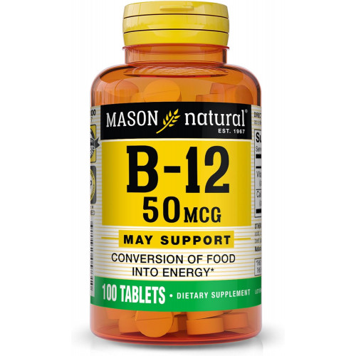 MASON NATURAL Вітамін B12 50 мкг з кальцієм - здорове перетворення їжі в енергію, підтримує роботу нервів і здоров'я, 100 таблеток MASON NATURAL Вітамін B12 50 мкг з кальцієм - здорове перетворення їжі в енергію, підтримує роботу нервів і здоров'я, 100 таблеток