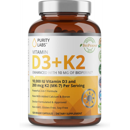 Purity Labs Вітамін D3 K2 10000 МО, (250 мкг) D3 + 200 мкг K2 MK7 - Добавка для підтримки імунітету, посилена біоперином - Добавки для щоденного захисту, здоров'я кісток, м'язів і шкіри - 120 капсул Purity Labs Вітамін D3 K2 10000 МО, (250 мкг) D3 + 200 мкг K2 MK7 - Добавка для підтримки імунітету, посилена біоперином - Добавки для щоденного захисту, здоров'я кісток, м'язів і шкіри - 120 капсул