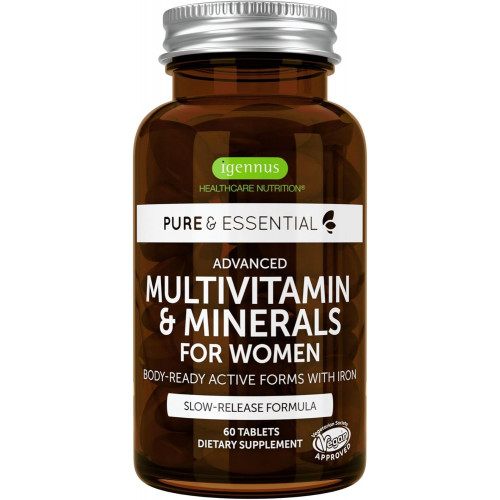 Advanced Women's Multivitamin, Methylated Folate, Clean Label & Vegan, із залізом, без ГМО, уповільнене вивільнення, 60 таблеток, Igennus Advanced Women's Multivitamin, Methylated Folate, Clean Label & Vegan, із залізом, без ГМО, уповільнене вивільнення, 60 таблеток, Igennus