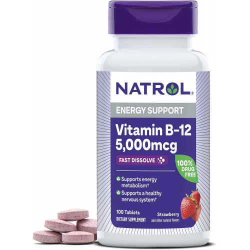 Вітамін B12 Natrol швидкорозчинні таблетки, стимулює енергію, підтримує здорову нервову систему, максимальна сила, смак полуниці, 5000 мкг, 100 шт. Вітамін B12 Natrol швидкорозчинні таблетки, стимулює енергію, підтримує здорову нервову систему, максимальна сила, смак полуниці, 5000 мкг, 100 шт.