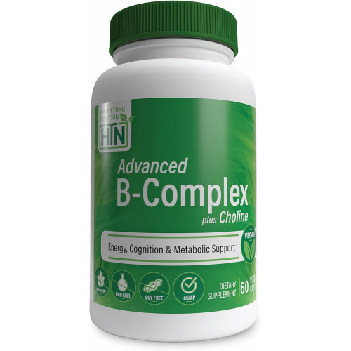 Health Thru Nutrition Advanced B-Complex Complete Plus Choline - Vegan | Енергетичне пізнання та підтримка метаболізму | Висока ефективність із 550 мг холіну, B12, біотину тощо | Без ГМО (в упаковці 60)