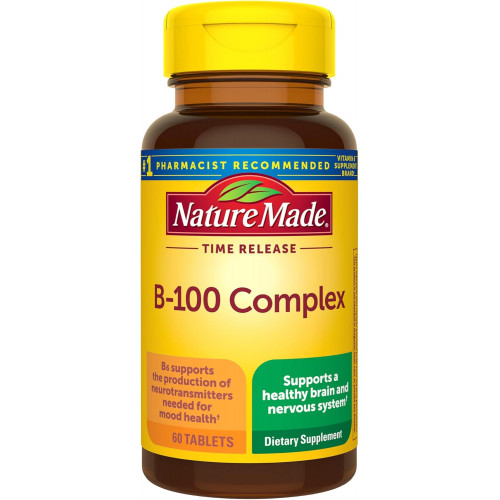 Nature Made Time Release Vitamin B-100 High Potency B Complex, дієтична добавка для підтримки функції нервової системи, 60 таблеток з уповільненим вивільненням, запас на 60 днів Nature Made Time Release Vitamin B-100 High Potency B Complex, дієтична добавка для підтримки функції нервової системи, 60 таблеток з уповільненим вивільненням, запас на 60 днів