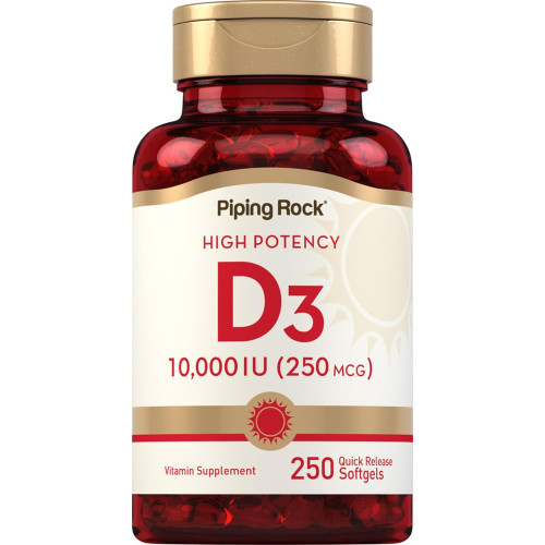 Piping Rock Vitamin D3 10000 МО | 250 капсул | Висока потенція | Добавка без ГМО, без глютену Piping Rock Vitamin D3 10000 МО | 250 капсул | Висока потенція | Добавка без ГМО, без глютену
