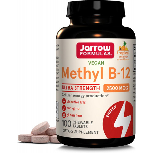 Jarrow Formulas Ultra Strength Methyl B-12 2500 мкг, дієтична добавка для виробництва клітинної енергії та підтримки здоров’я мозку, 100 жувальних таблеток із тропічним смаком, запас на 100 днів Jarrow Formulas Ultra Strength Methyl B-12 2500 мкг, дієтична добавка для виробництва клітинної енергії та підтримки здоров’я мозку, 100 жувальних таблеток із тропічним смаком, запас на 100 днів