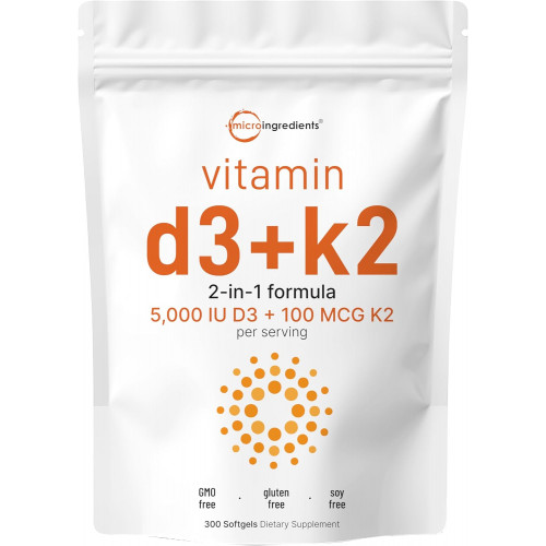 Micro Ingredients Vitamin D3 5000 IU with K2 100 mcg, 300 Softgels | K2 MK7 with D3 Vitamin Supplement, 2 in 1 Support Immune, Heart, Joint, Teeth & Bone Health - Easy to Swallow Micro Ingredients Vitamin D3 5000 IU with K2 100 mcg, 300 Softgels | K2 MK7 with D3 Vitamin Supplement, 2 in 1 Support Immune, Heart, Joint, Teeth & Bone Health - Easy to Swallow