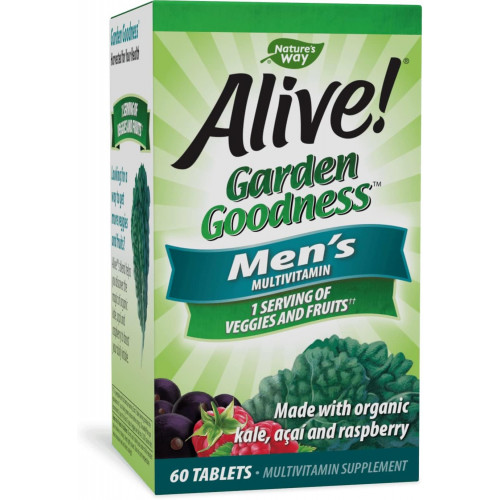 Nature's Way Alive! Чоловічий мультивітамін Garden Goodness, одна порція овочів і фруктів**, високоефективні вітаміни групи B, 60 таблеток Nature's Way Alive! Чоловічий мультивітамін Garden Goodness, одна порція овочів і фруктів**, високоефективні вітаміни групи B, 60 таблеток