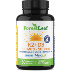 ForestLeaf Вітамін D3 + K2 (MK7) Добавка - MenaQ7 - Кальцій і вітамін D3 5000 МО Максимальна абсорбція - Зміцнення зубів і кісток, здоров'я серця, підтримка імунної системи - 60 вегетаріанських капсул
